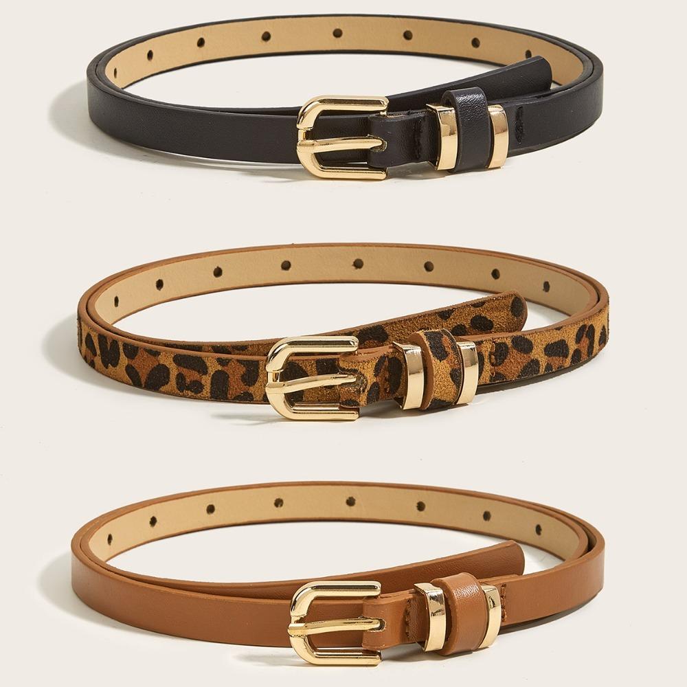 SHuaixin11 Needle Buckle Thin Belt 1.3 cm Wide Skinny Leather Belt Simple Leopard Waistband  Gift camel-1pc