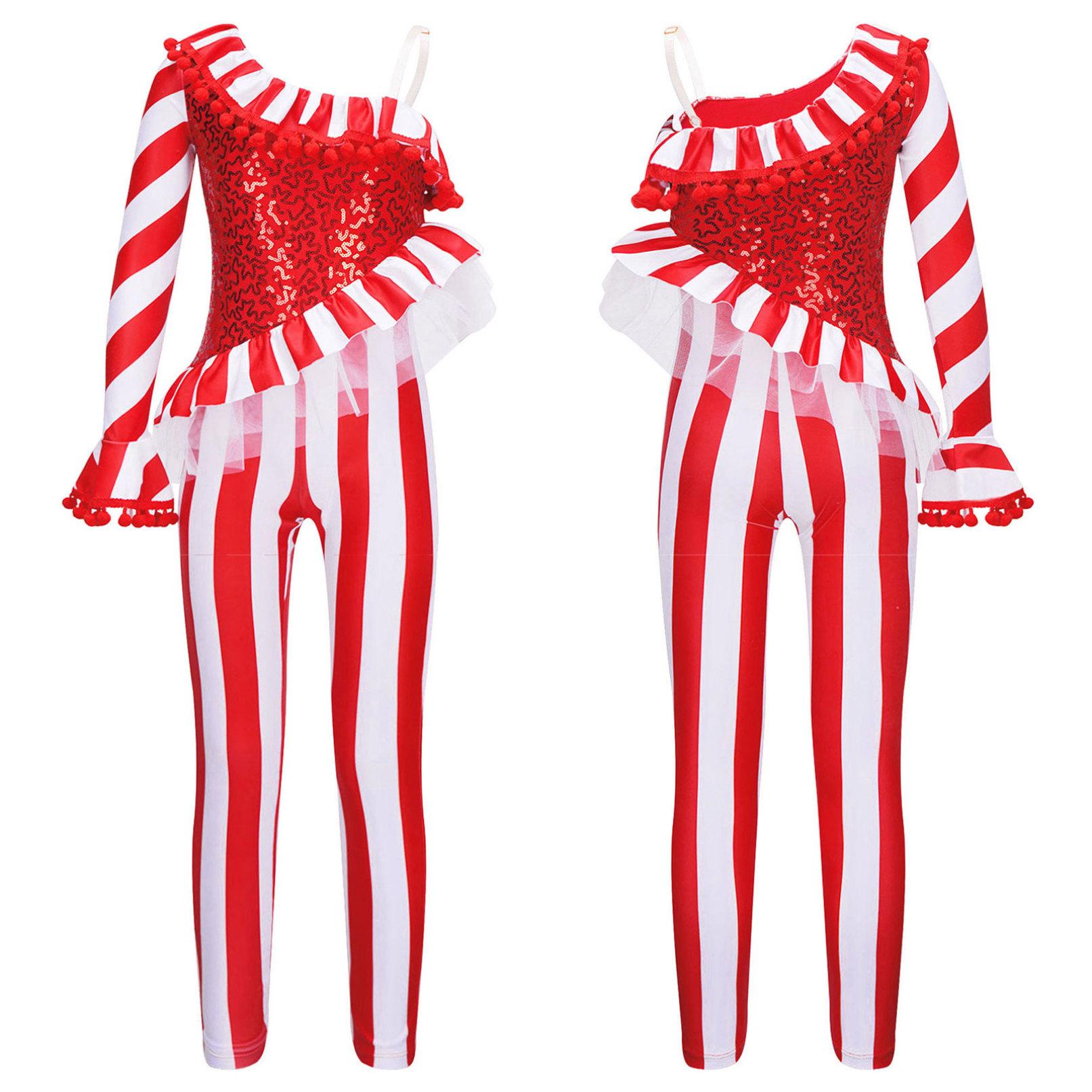 Ranrann Kinderen meisjes kerst één schouder lange mouw pailletten bodysuit turnpakje één stuk jumpsuit danskleding 3-4 Years rood