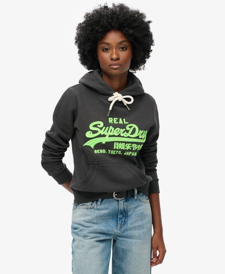 Superdry Vrouwen Hoodie met Geborduurd Vintage Neonlogo en Grafische Print Zwart