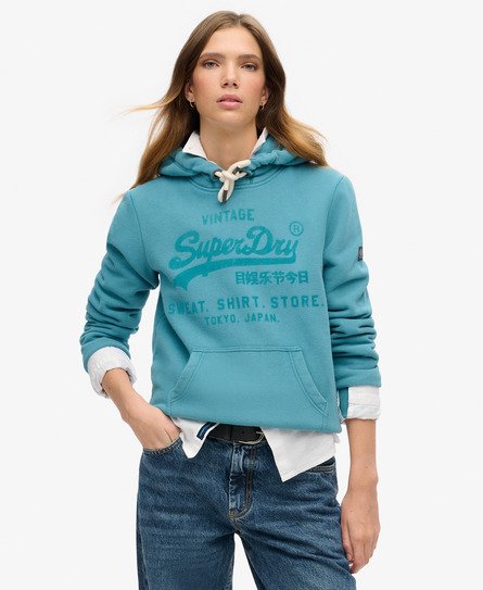 Superdry Vrouwen Klassieke Hoodie met Velours Print Blauw