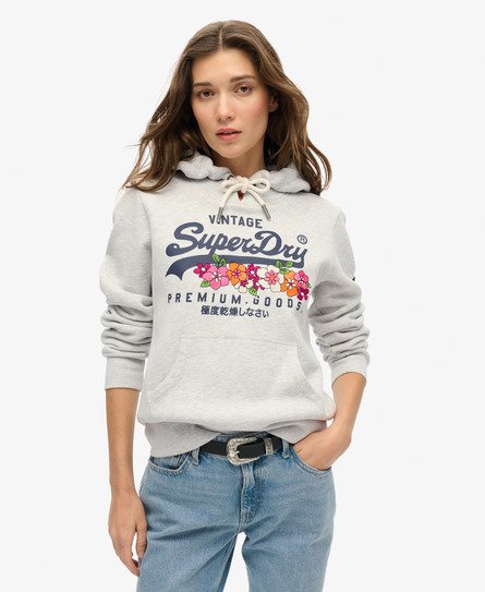 Superdry Vrouwen Premium Gebloemde Hoodie met Vintage Logo Lichtgrijs