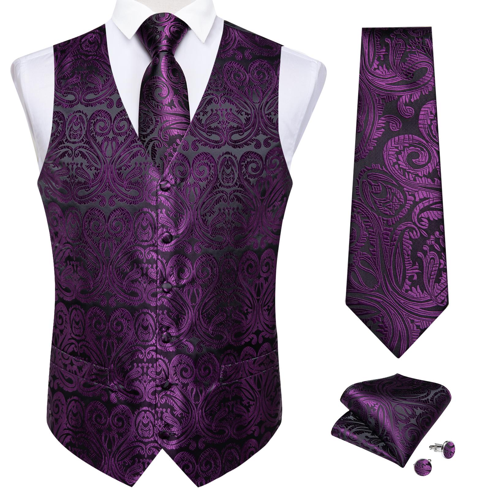 DiBanGu Mens Trendy Heren paars zijden jacquard vest en stropdas Set Paisley formeel vest M