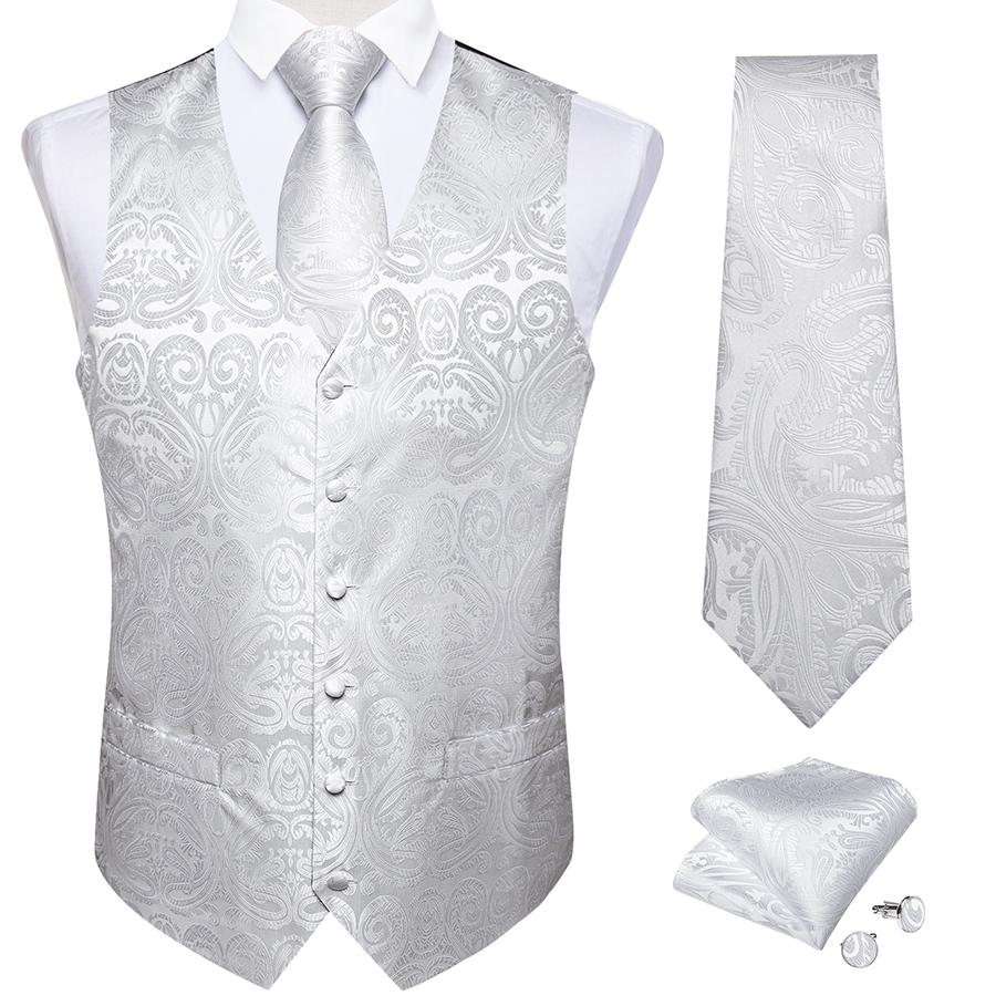 DiBanGu Mens Trendy Heren wit gebloemd vest herenvest set voor bruiloft zakelijk zakdoek manchetknopen set S