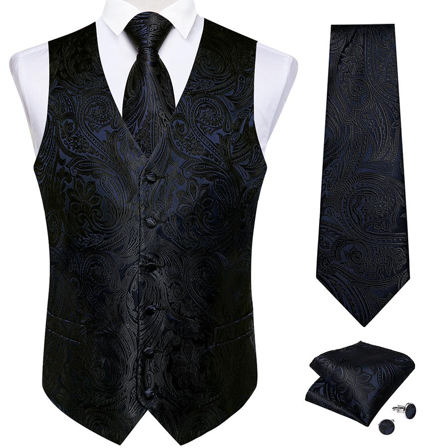 DiBanGu Mens Trendy Heren bruiloft zwart mode paisley pak vest, gilet stropdas en pochet manchetknopen M