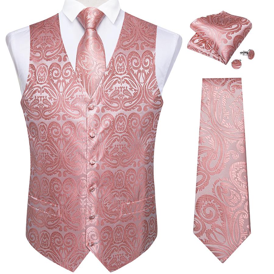 DiBanGu Mens Trendy Roze paisley herenvest zijden vintage vest pak stropdas set diner evenement casual XXL