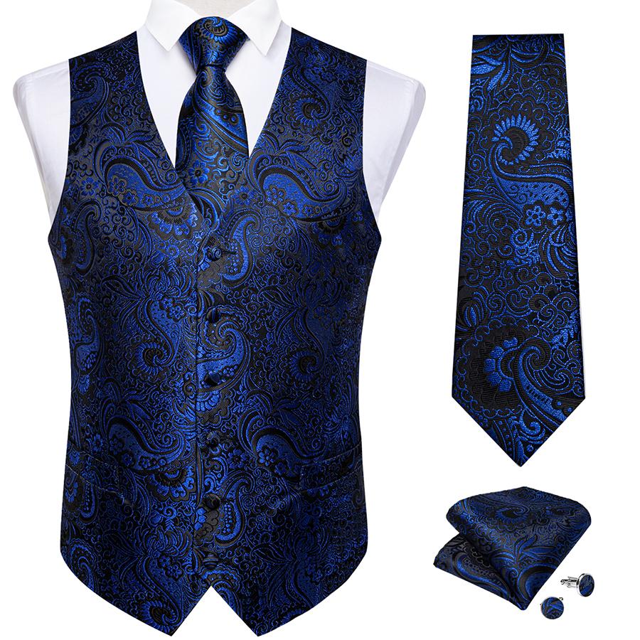 DiBanGu Mens Trendy Heren blauw vest paisley bloemen zijde jacquard vintage vest pak stropdas set bruiloft S