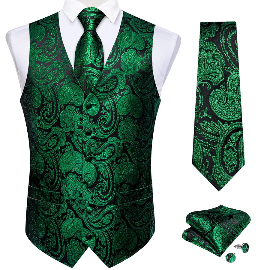 DiBanGu Mens Trendy Herenvest Groen Paisley Formele Werkkleding Vintage Vest Stropdas Set Normale pasvorm S