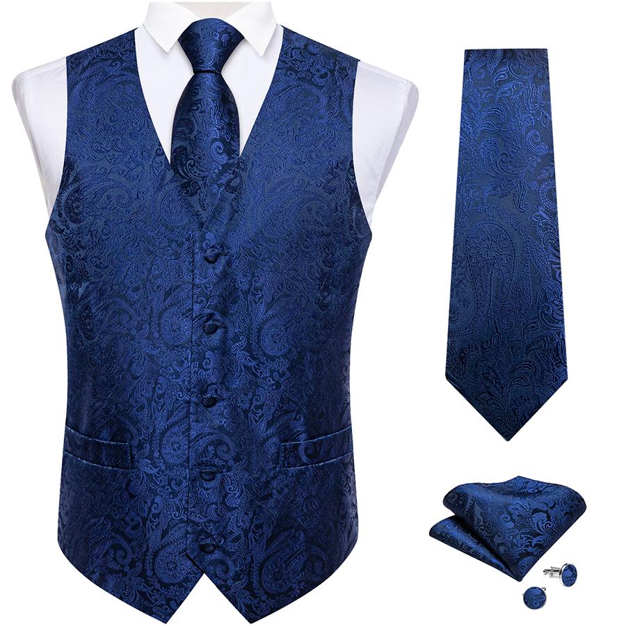 DiBanGu Mens Trendy Heren paisley pak vest bloemen blauw zwart vest stropdas set voor bruiloft S