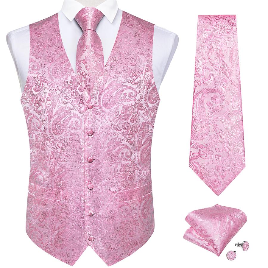 DiBanGu Mens Trendy Heren formeel bruiloft gilet Paisley bloemen roze pak vest slanke smoking zijden stropdas set L