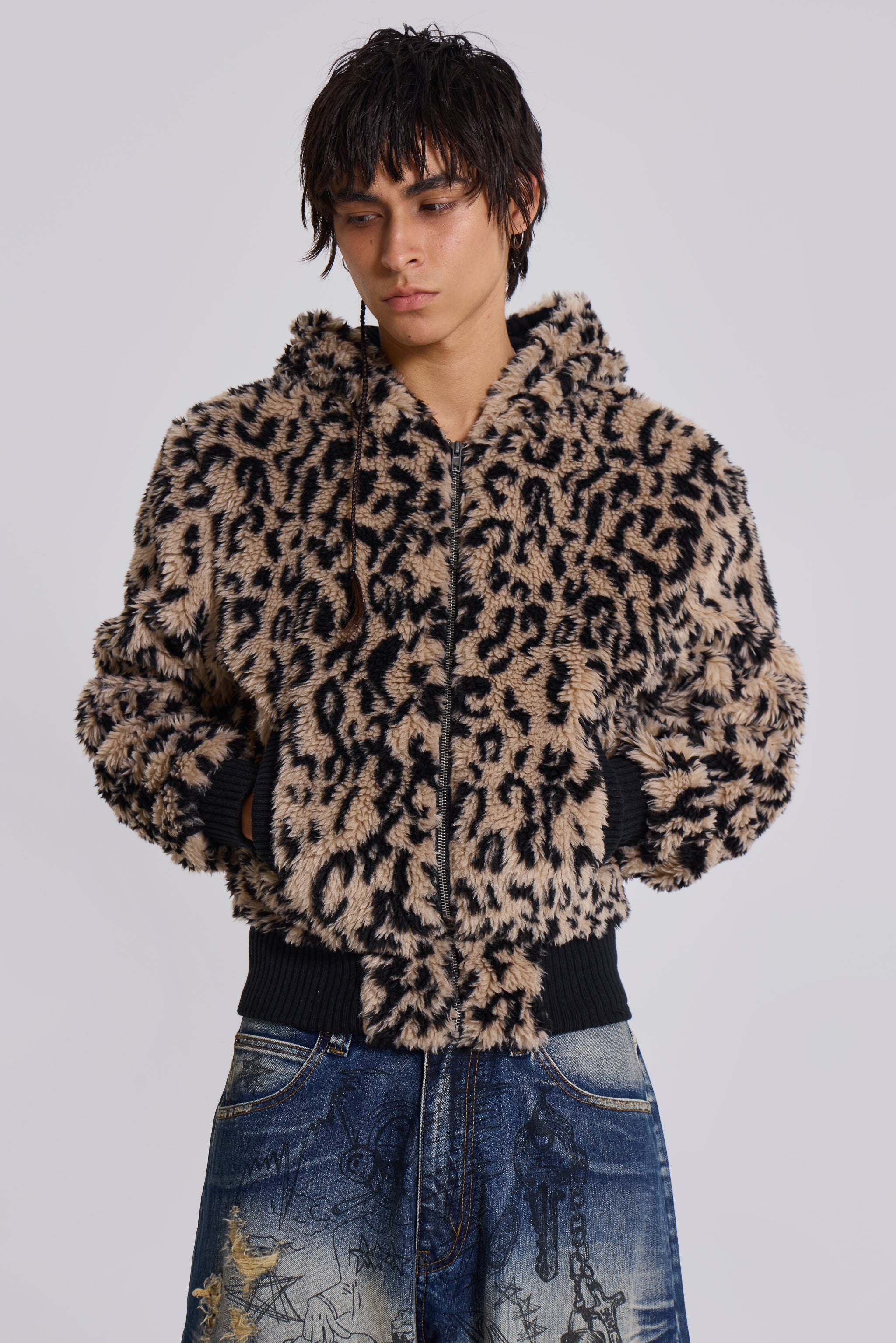 Jaded Man Leopard Faux Fur Hooded Jacket