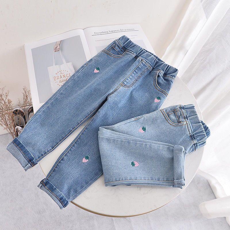 YUBAOBEI Meisjes borduren jeans lente babymeisje casual slanke jeans herfst kinderen blauwe lange broek broek kinderkleding 140 marineblauwe kleur