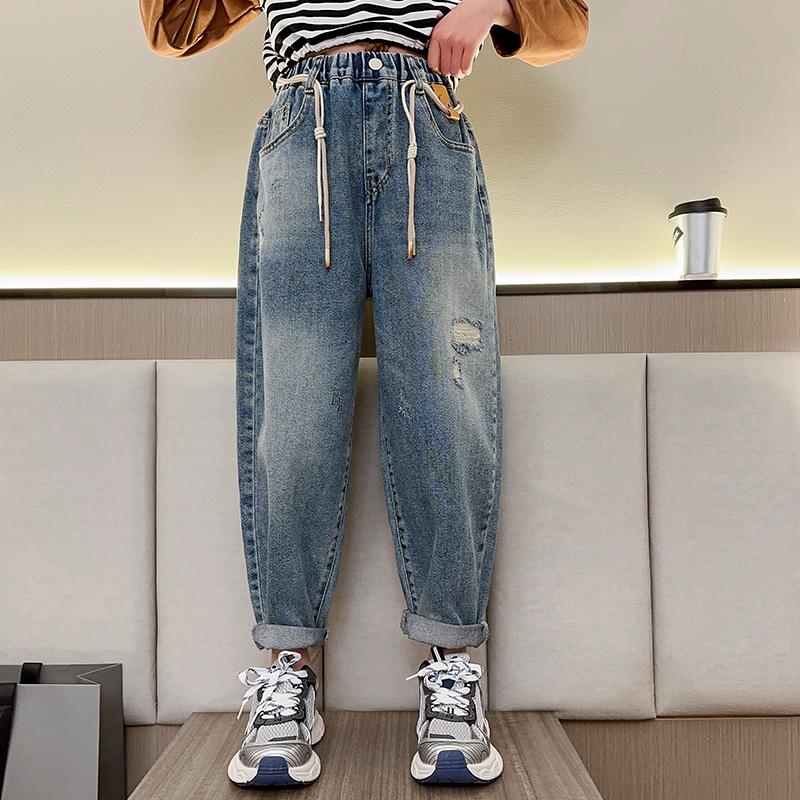 G.DUCK KIDS Meisjesjeans Koreaanse kinderkleding Casual gescheurde jeansbroek Effen kleurbroek voor 12-jarige meisjesbroeken 120