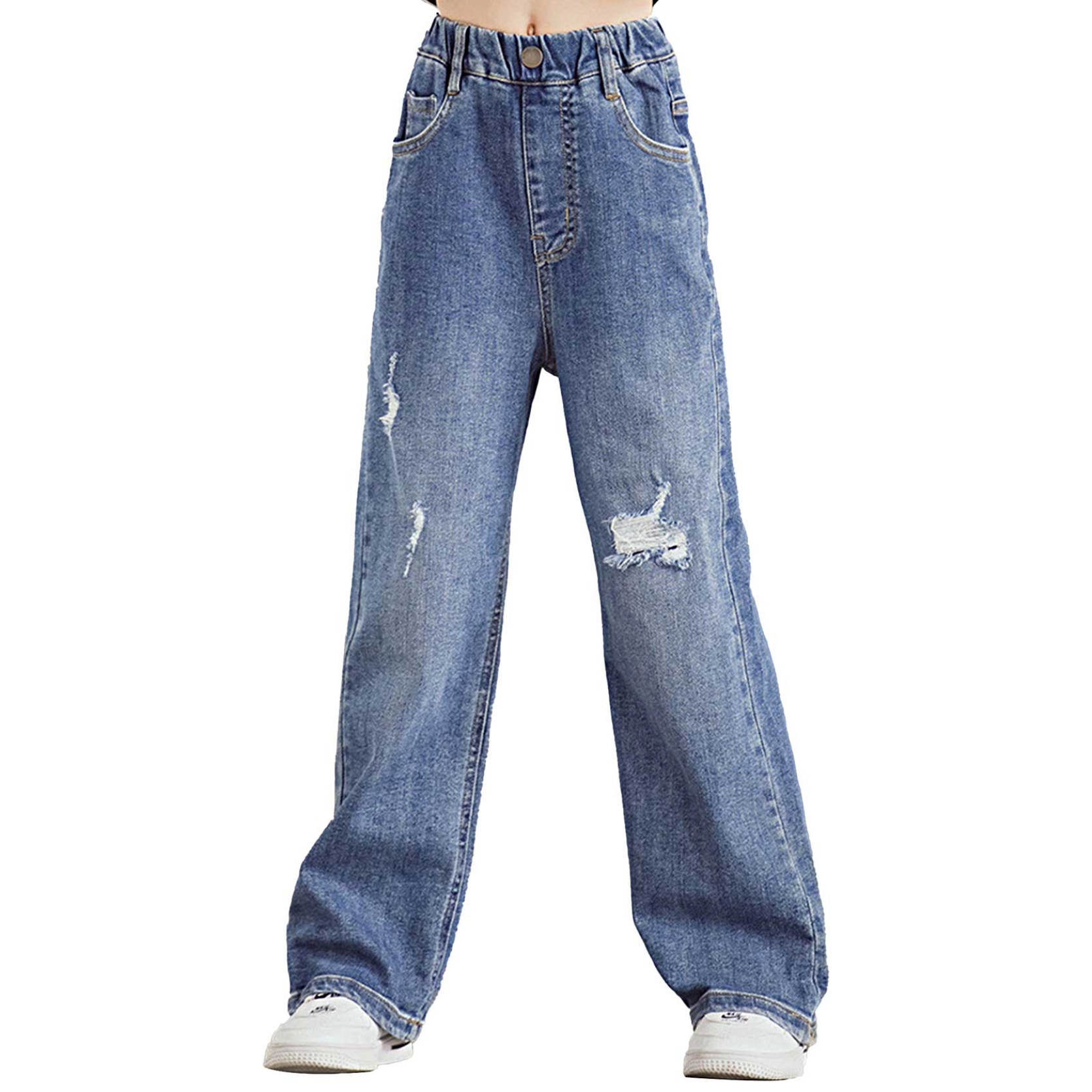 IEFiEL Modebroeken voor kinderen Meisjes Denim gescheurde broek Effen kleur Casual broek met wijde pijpen en zakken Stijlvolle kinderkleding 5-6 Years blauw