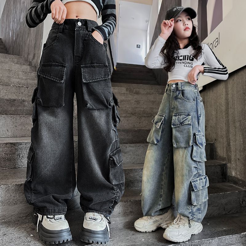 LAOHU Retro Cargo Jeans Meisjes Lente Losse Casual Kinderen Wijde Pijpen Broek Ontwerp Streetwear Broeken 170cm zwart