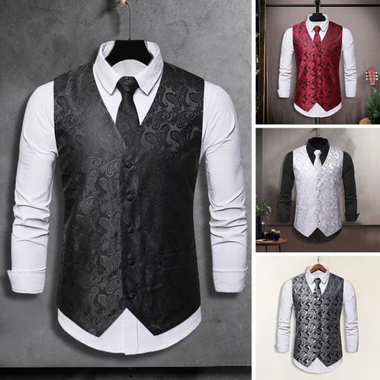 AB45XJ Heren Vest Pak Gedrukt Mouwloos V-hals Single-breasted Vlek Strikje Pochet Slim Fit Retro Bruidegom Bruiloft Prestatie Club Disco Gilet 2XL zwart