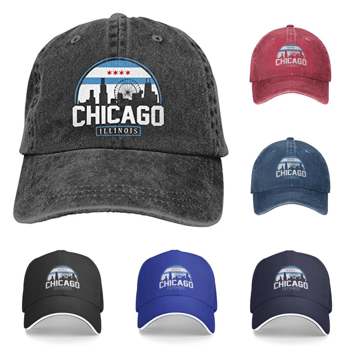 91460000MAC14ECE0X Stad van Chicago vlag baseball cap vintage katoen denim gewassen noodlijdende verstelbare papa hoed zwarte vier seizoenen casual pet One Size