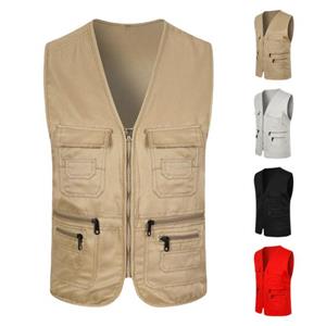 Meizhenchang Mannen Zomer Cargo Vest V-hals Mouwloos Multi Zakken Sportvest Effen Kleur Ritssluiting Vrijwilligersveiligheidsvest Jas 3XL rood