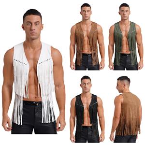 IEFiEL Heren Western Cowboy Vintage Faux Suede Kwastjes Vest Tops Open Voorkant Klinknagels Fringe Vest Jas Festival Rave Party Clubwear M zwart