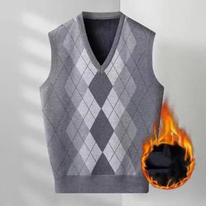 Youkeme Heren Herfst Winter Vest Ruitprint V-hals Mouwloos Losse kleuraanpassing Gebreid Dik Warm Zacht Middenlengte Applique Trui Heren Lente Trui Vest XL donkergrijze kleur
