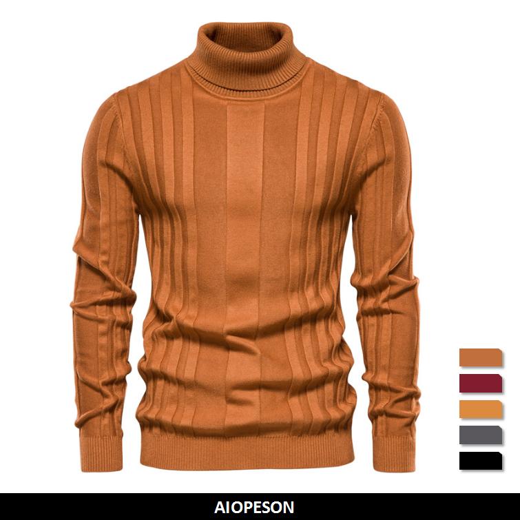 AIOPESON Men Fashion AIOPESON Slim Fit Truien Coltrui Mannen Casual Effen Kleur Gestreepte Trui Heren Nieuwe Winter Warme Basic Truien Voor Mannen S 50-55 kg bruin