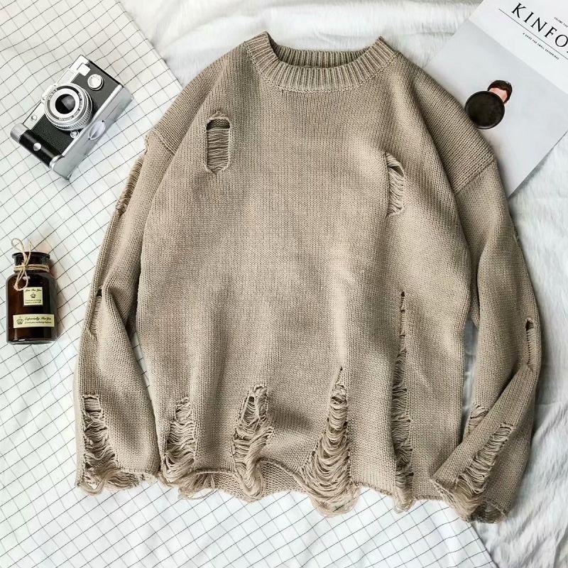 YUMI wardrobe Wassen gat gescheurde gebreide truien heren dames streetwear hiphop truien jumper mode oversized all-match heren winterkleding M bruin