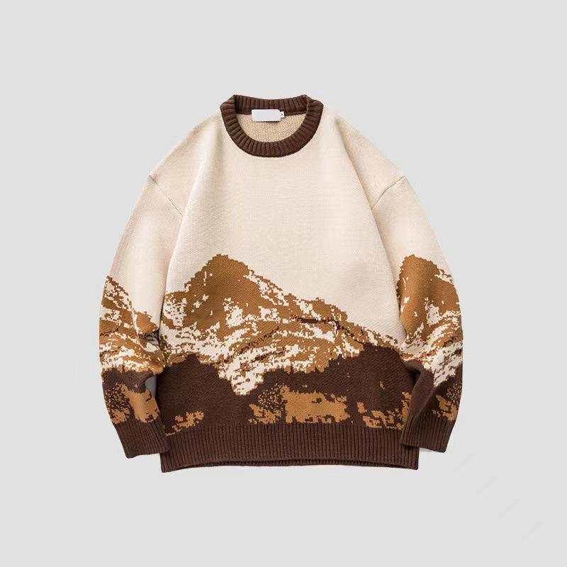 VIYOO Herfst en winter tie-dye Snow Mountain Trendy merk ronde hals trui heren losse trui college lange mouwen trui voor heren XXL koffie