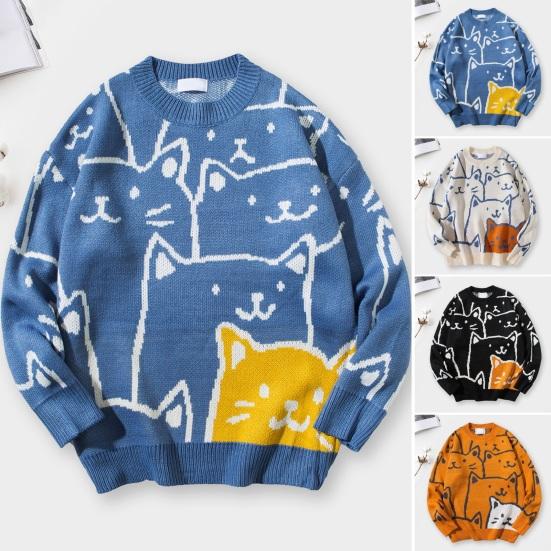 Yunzhu Cartoon Kat Gebreide Trui Japanse Retro Harajuku Trui Mannen Tops Oversized Truien voor Winter Herfst M wit