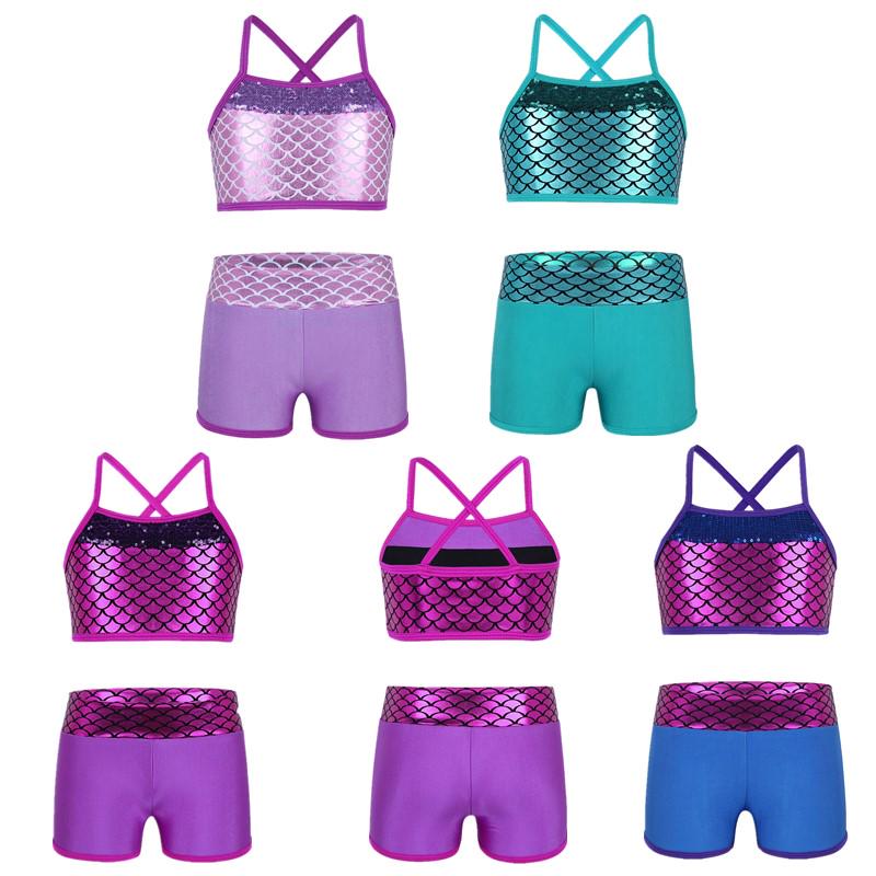 IEFiEL Kinderen meisjes pailletten zeemeermin tanktop met shorts dansoutfit gymnastiek dansen kostuum badmode 9-10 Years rozerode kleur