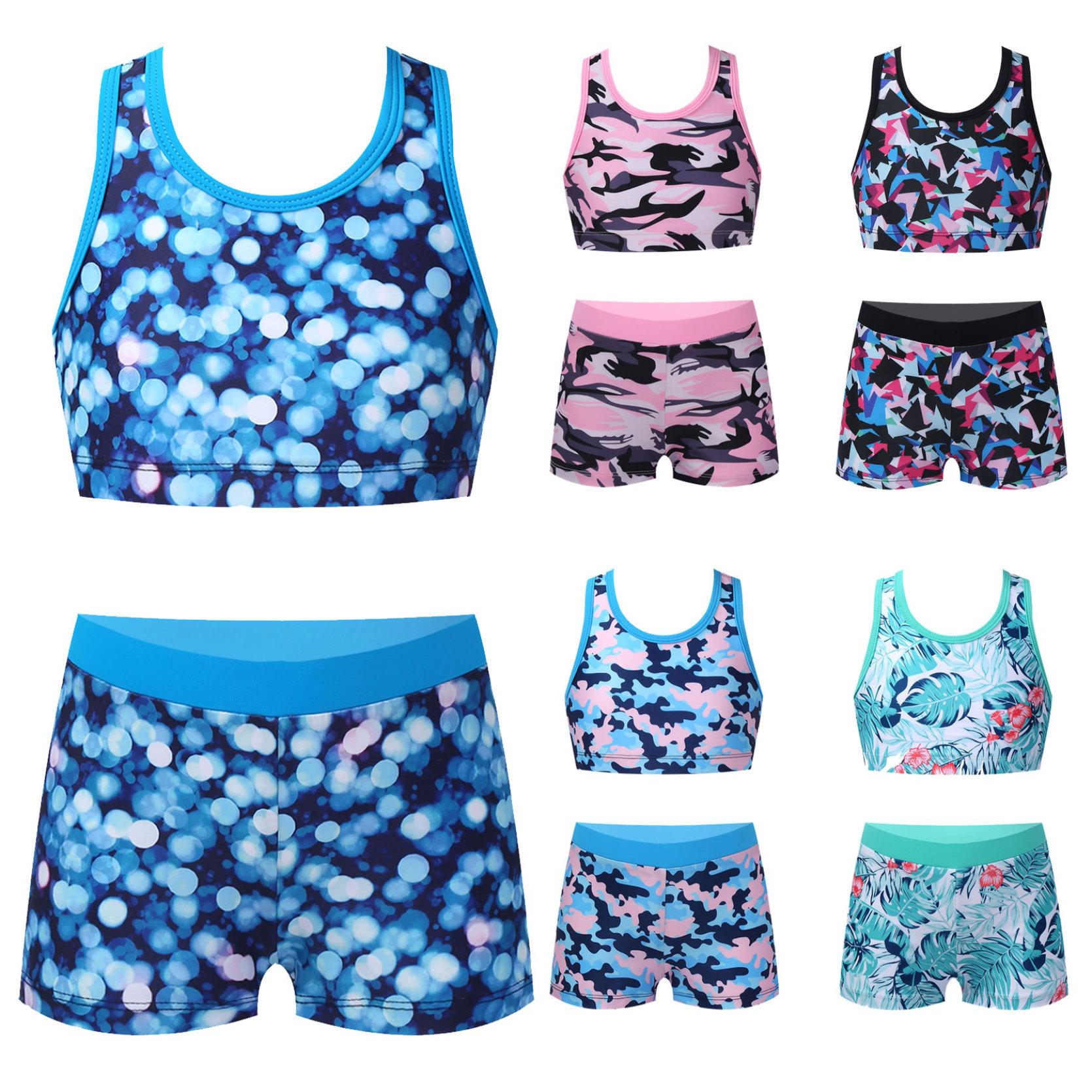 IEFiEL Kindermeisjeszwemkleding Racerback crop-tanktop met boyshorts Bodems Tweedelige bikiniset 14-16Years paars