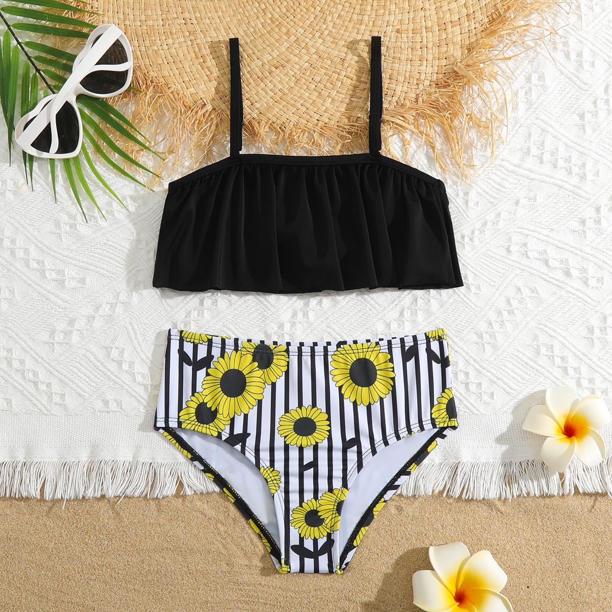 MS SHANG SWIMWEAR 5-14 jaar meisje badpak kinderen badmode bloemen tienermeisje bikini set hoge taille meisje badpak strandkleding badmode badmode voor kinderen 6 zwart