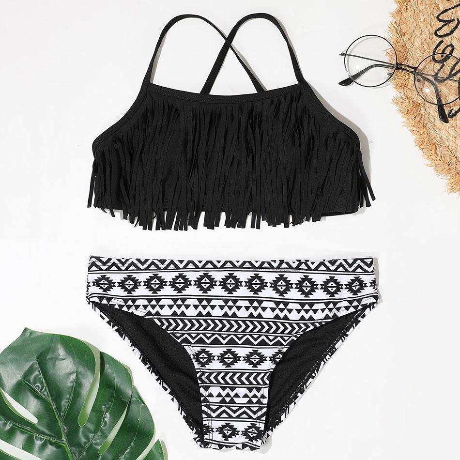 MS SHANG SWIMWEAR Fringe Meisjes Badpak Kinderen Print Tweedelige Kinderbadmode 8-16 Jaar Grote Meid Bikini Set Gekruiste Rug Badpak Beachwear 8-9 zwart