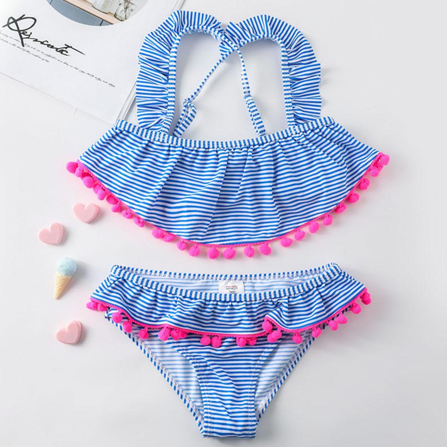 MS SHANG SWIMWEAR 6-14 jaar tiener meisje bikini set gestreept meisje badpak kinderen kruisband tweedelige kinderen badmode leuke zwempak meisje 7-8 blauw