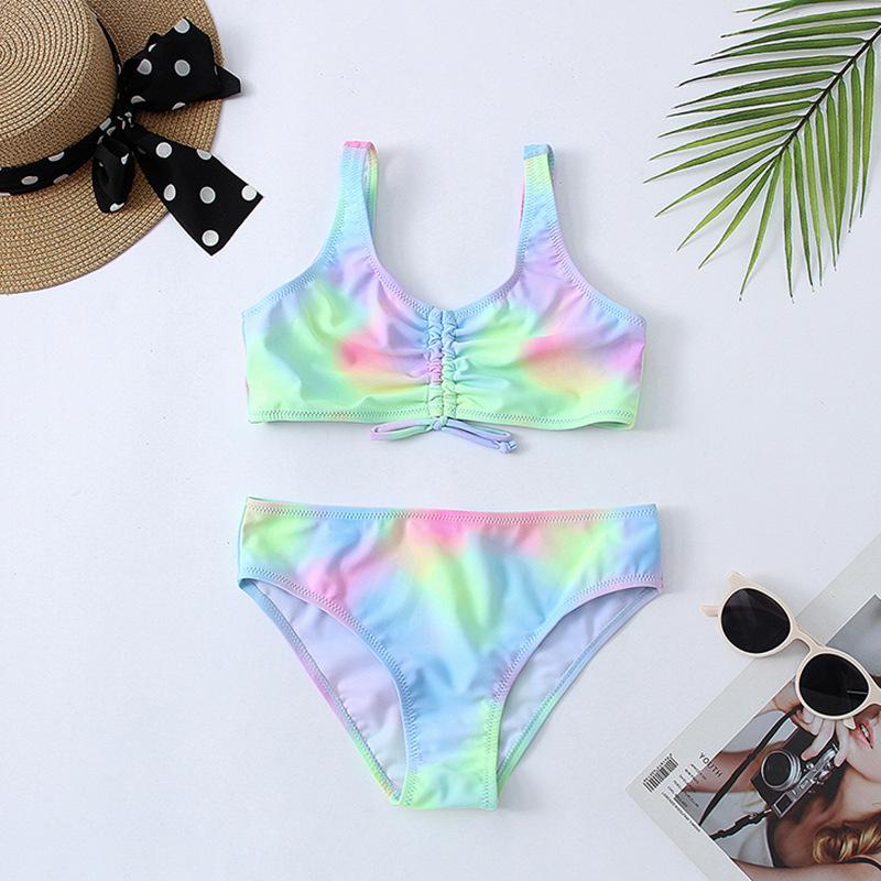 Fox Swimwear Tie Dye Meisjes Badpak Kinderen 7-16 jaar Tweedelige Zwemkleding voor kinderen Ruched Front Bikini Set Tiener Badpak 2022 Beachwear 7-8 groen