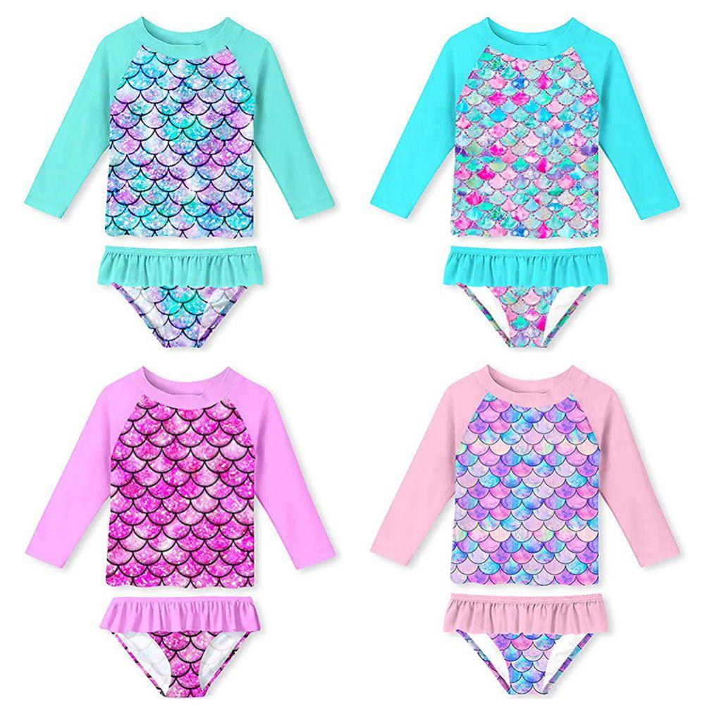 Selfyi Baby peuter meisjes rashguard twee stuks badpak set lange mouw zeemeermin badpakken gegolfde bikini broekjes zonbescherming badmode 100