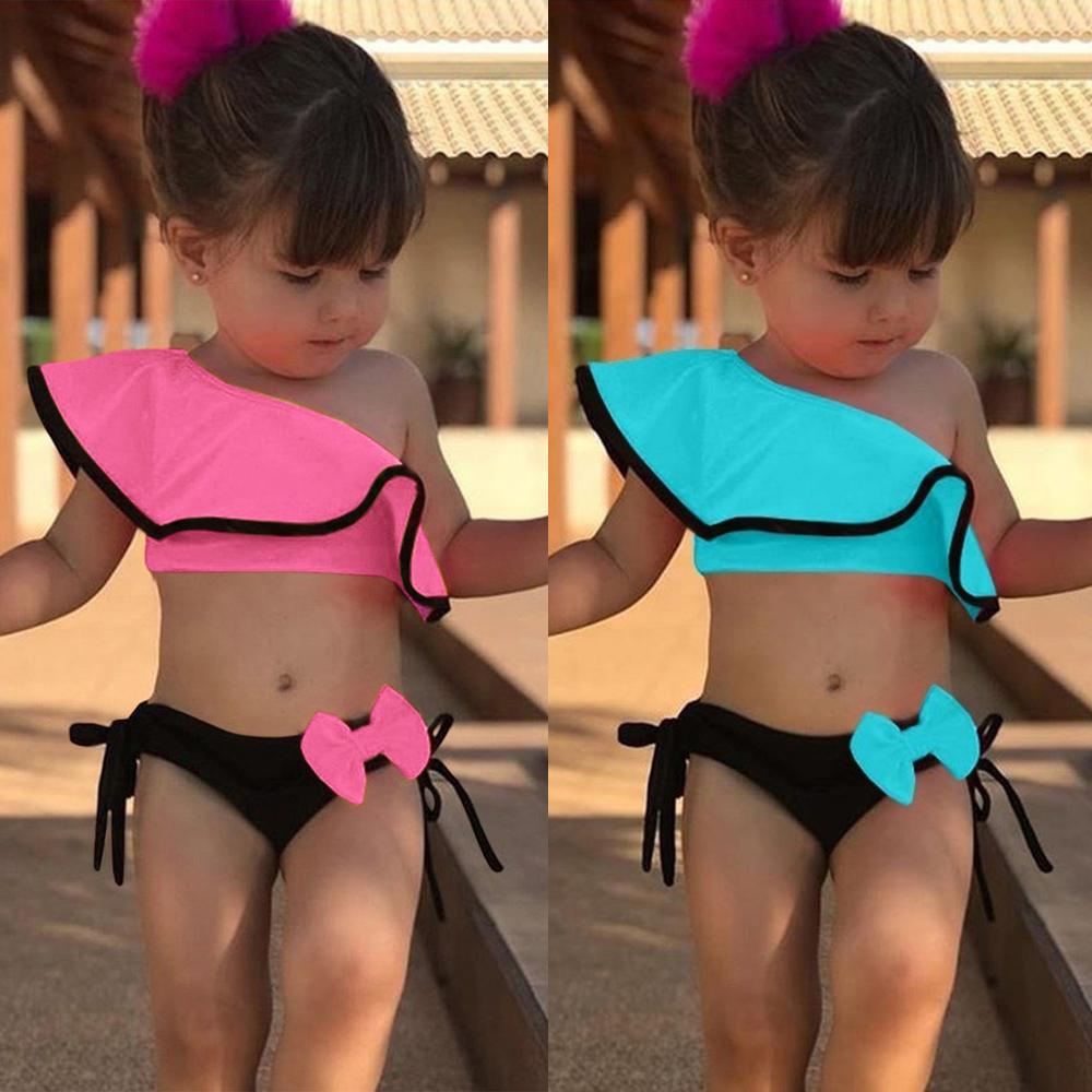 Kids Clothing Club 0-3 jaar zomer babymeisjes badpak tweedelige kinderbadkleding ruches boog watersport bikini schouder strandbadkleding 80 hemelsblauwe kleur