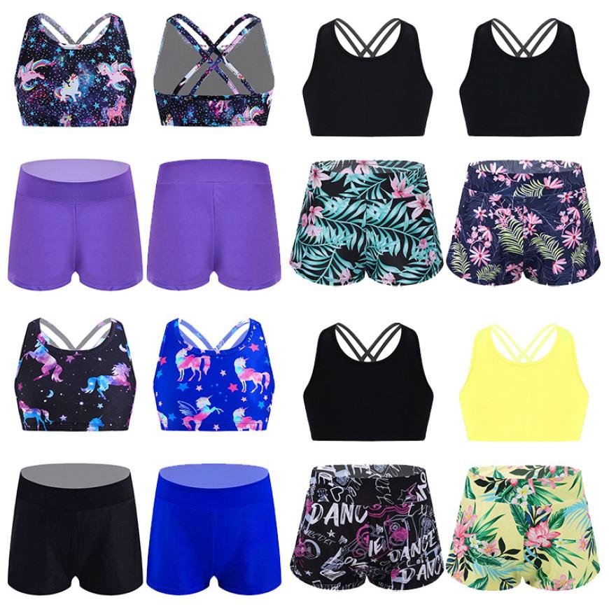 IEFiEL 2 stks kinderen meisjes tankini badpakken bloemen bedrukt sportpak kriskras riemen tank crop top en shorts set badmode strand badpakken 7-8 Years groen/zwart