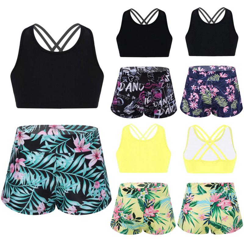 Aislor Kinderen meisjes 2-delig badpak gekruiste rug bh-top met shorts tankini-badpakken 5-6 Years groen/zwart