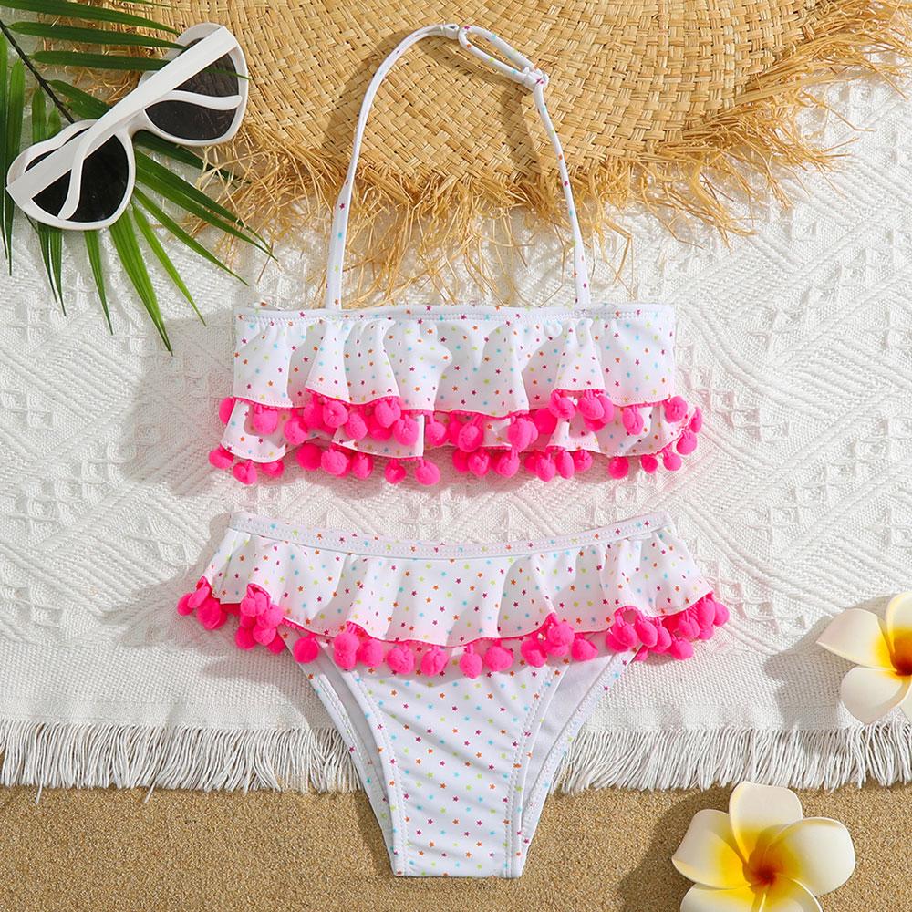 MS SHANG SWIMWEAR Meisje Ruffle Pompom Bikini Set Badpak Kids Halter Top Two Piece Children's Swimwear Stars Print 3-12 jaar peuter badpak 3-4 wit