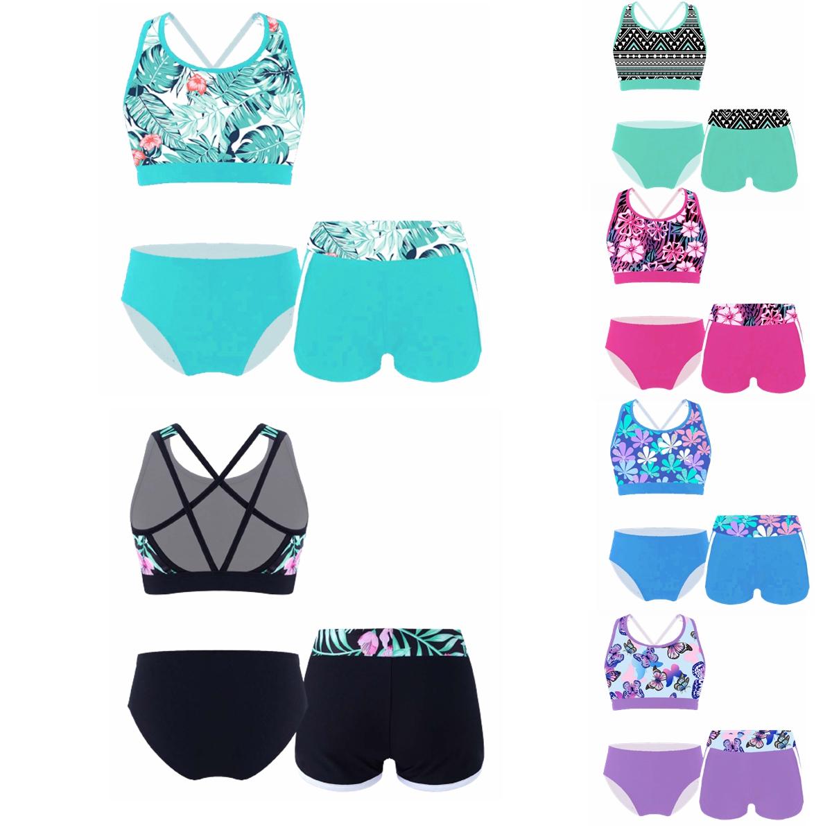 ZDHoor Meisjes 3-delige zwemkleding bikini badpak strand surf bloemen tankini badmode 5-6 Years zwart