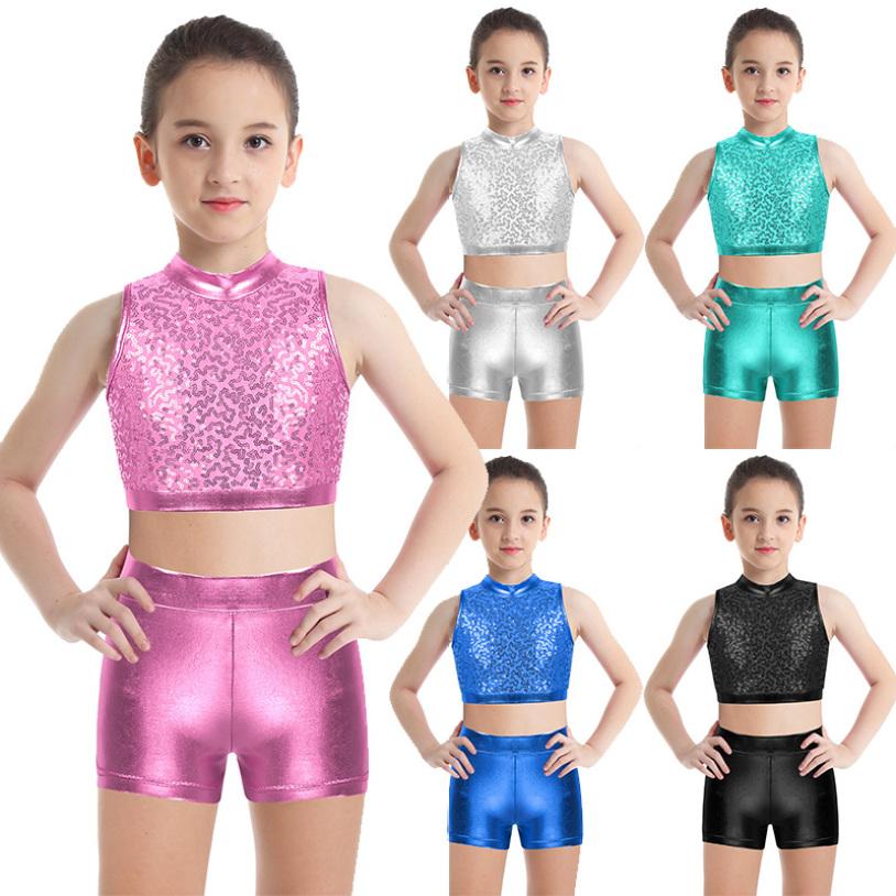 Inlzdz Kinderen meisjes metallic tweedelige dansoutfit racerback sporttankini cop-top met gymnastiekbroek 5-6 Years zwart