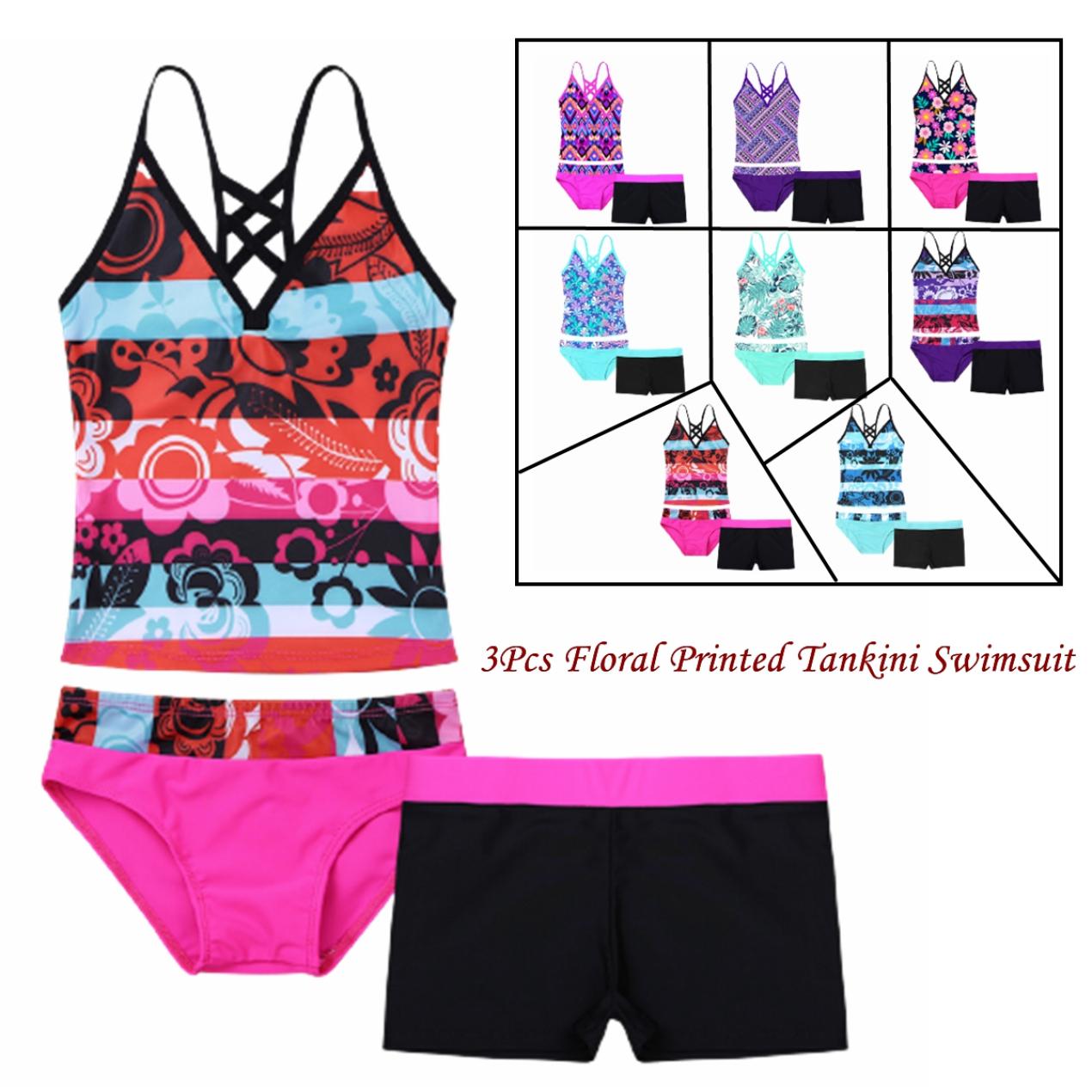 IEFiEL Kids Meisjes Tankini Badpak 3 Stuks Badpakken Bikini Slips Boyshort Tops Bloemen Gedrukt Zwemmen Strandkleding Pakken 9-10 Years paars