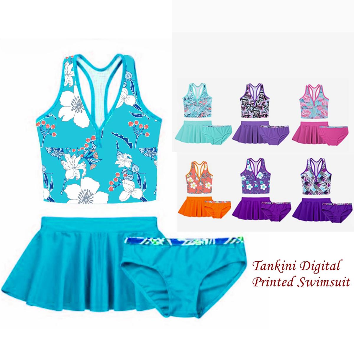 Fldy 3 STKS Kids Meisjes Tankini Digitale Gedrukt Badpak Badmode Badpak Set Tops met Bodems Rok 8-10 Years paars