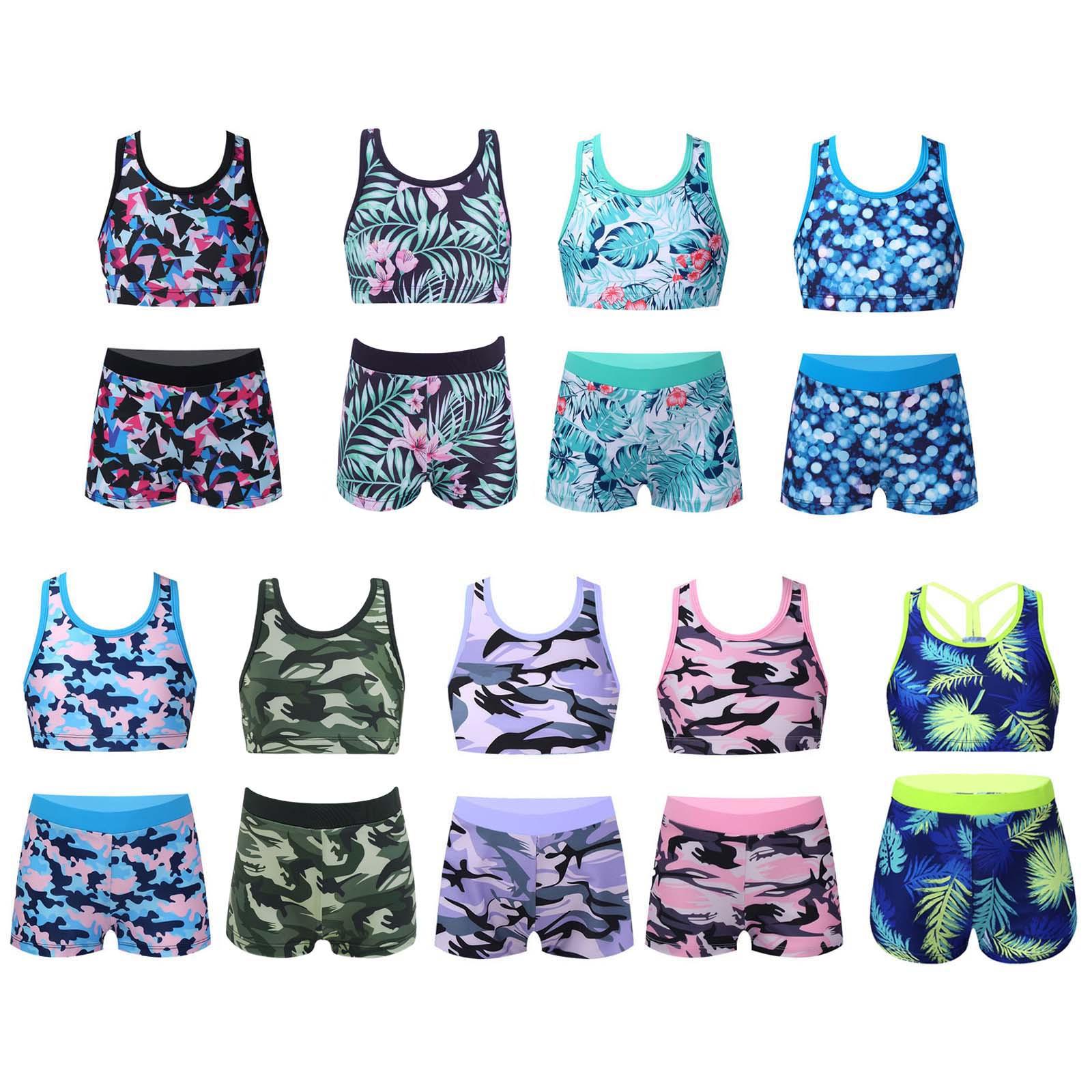 Sxiwei Tweedelige zwemkleding voor meisjes, mouwloze Y-vormige tanktop met rug en boyshorts 5-6 Years marineblauwe kleur