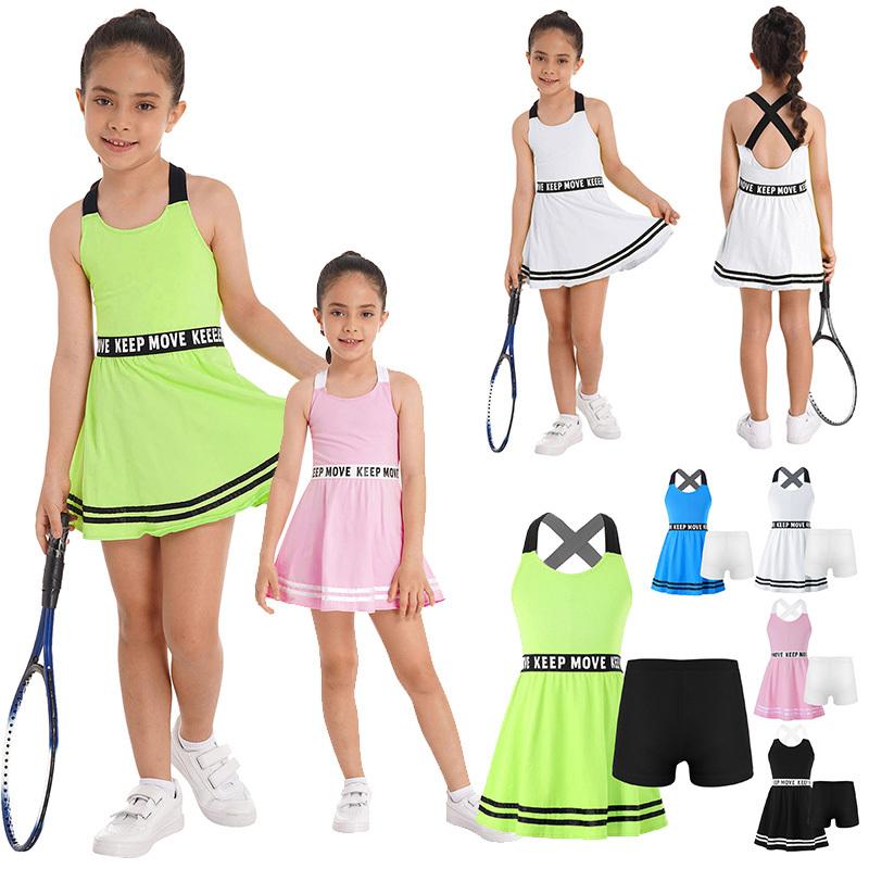 ZDHoor Kindermeisjes mouwloze jurk met open rug en shorts set 2-delig atletisch badpak 5-6 Years fluorescerende groene kleur