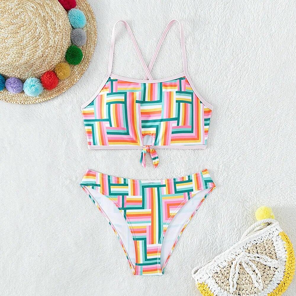 Fox Swimwear Bikinisets voor tienermeisjes met geometrische print, 7-16 jaar, tweedelige kinderbadkleding voor tienermeisjes, zwemkleding, strandkleding 7-8 years old roze