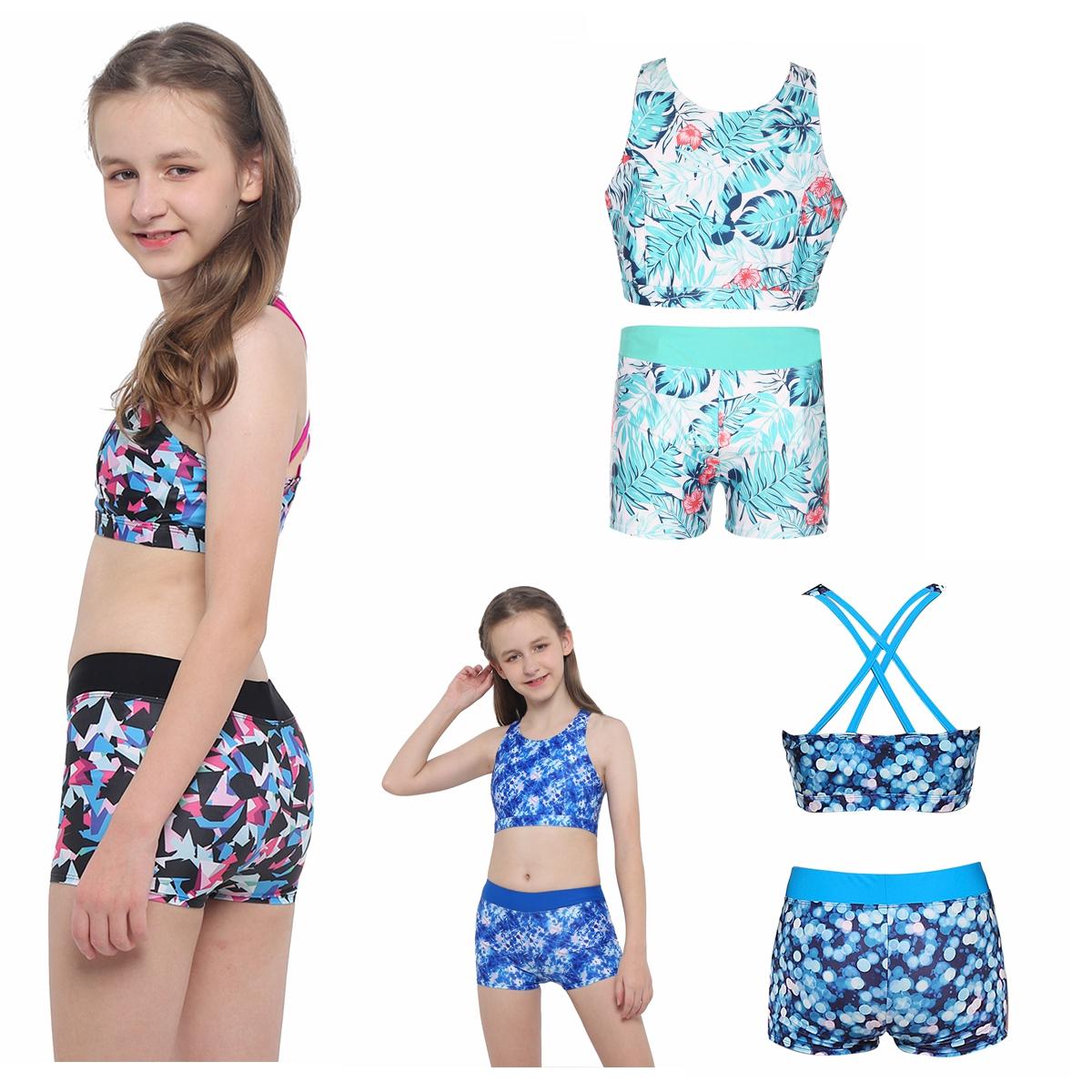 Sywiyi Tweedelig badpak voor meisjes, mouwloos, gekruist bedrukte top met boyshorts aan de onderkant 5-6 Years blauw