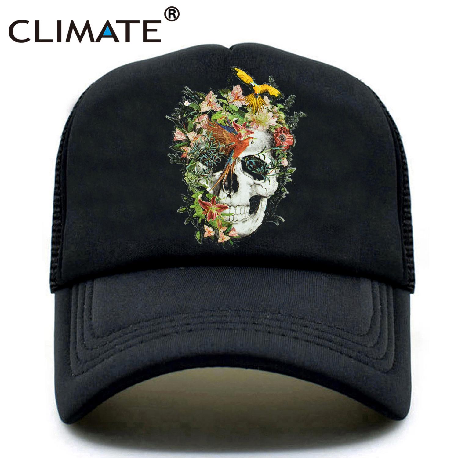 91440604MAC1QTP34F KLIMAAT Bloem Skelet Trucker Cap Cool Skull Bone Cap HipHop Baseball Caps Zomer Bloedstollende Zwarte Mesh Cap Hoed voor Unisex Fits 55to58cm Head