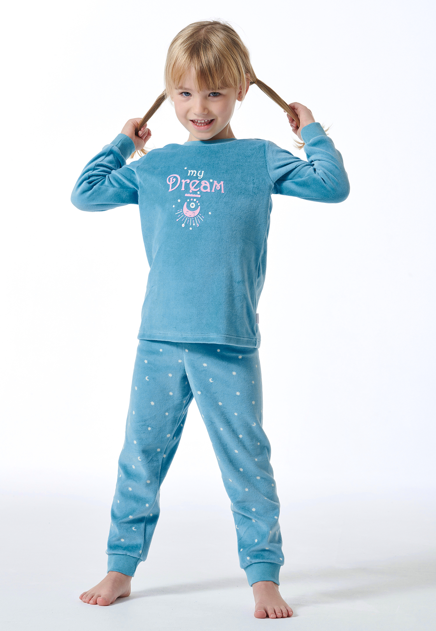 Schiesser Pyjama lang velours manchetten sterren aquarium - Girls World 