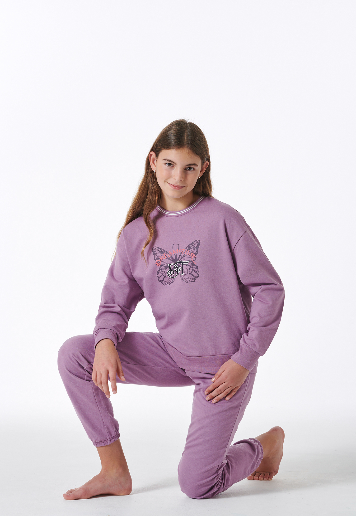 Schiesser Pyjama lengte sweatwear manchetten vlinder mauve - Nightwear 