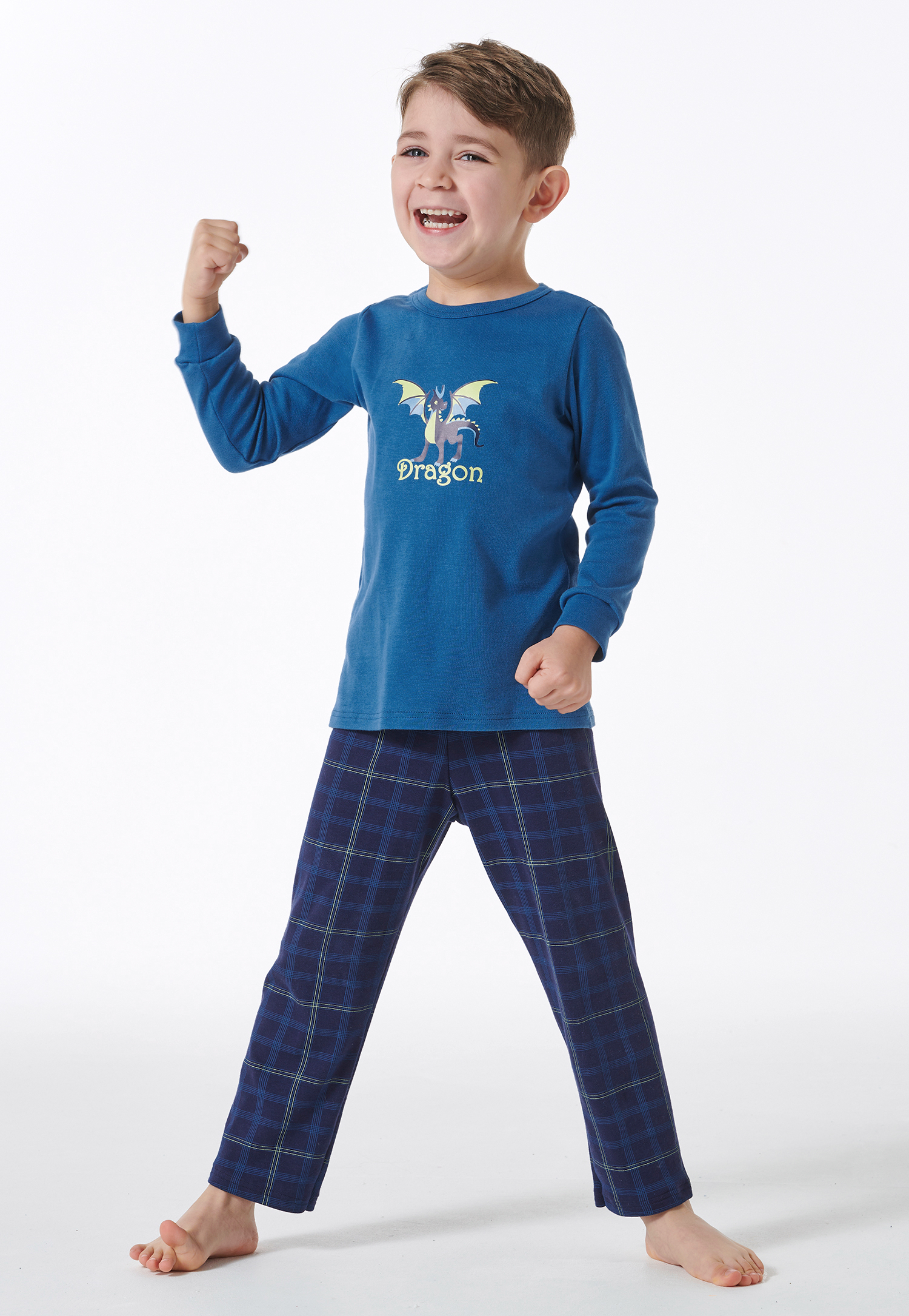 Schiesser Pyjama lengte draak ruitjes blauw - Boys World 